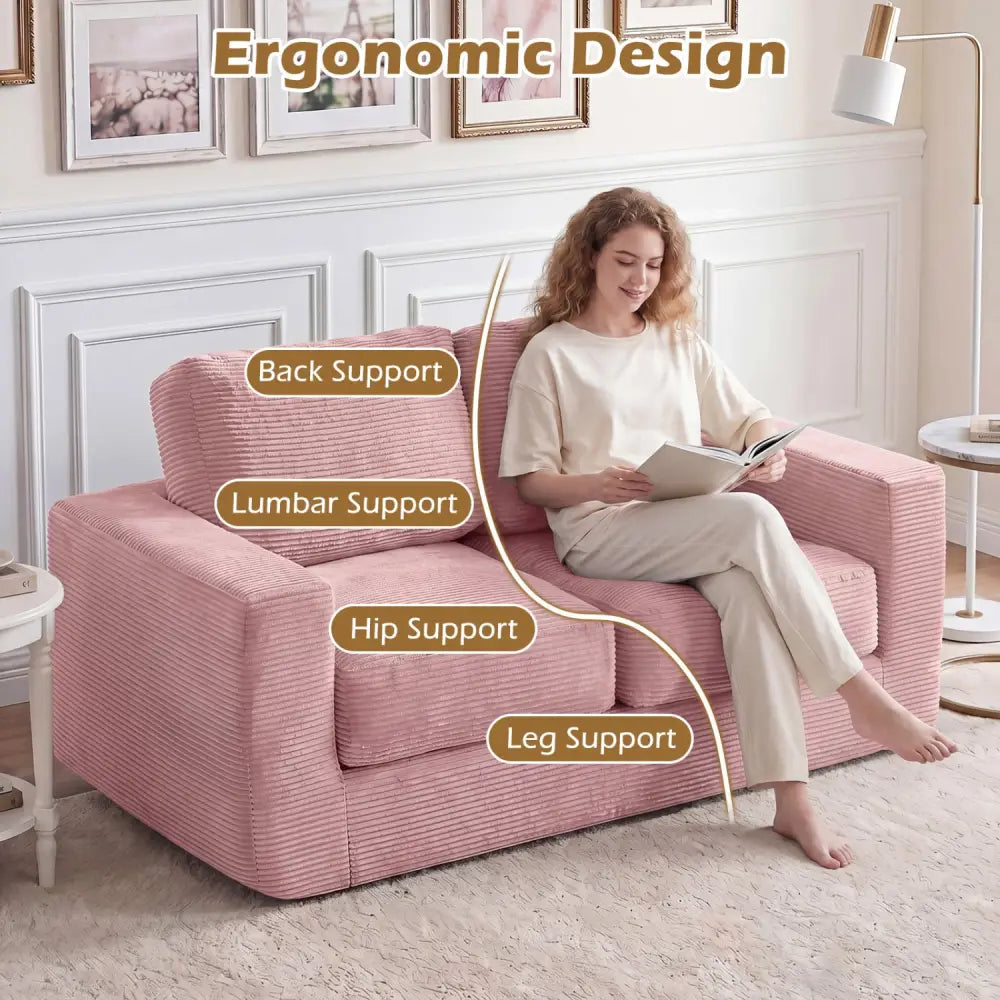 2-Seater Floor Couch Loveseat Foam Sofa with Removable Corduroy Cover-Pink - Pink - Sofas & Loveseats