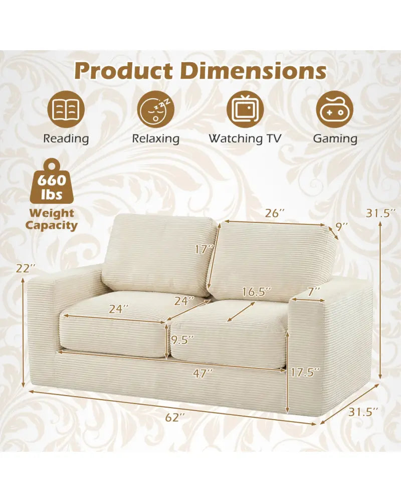 2-Seater Floor Couch Loveseat Foam Sofa with Removable Corduroy Cover-Beige - Beige - Sofas & Loveseats