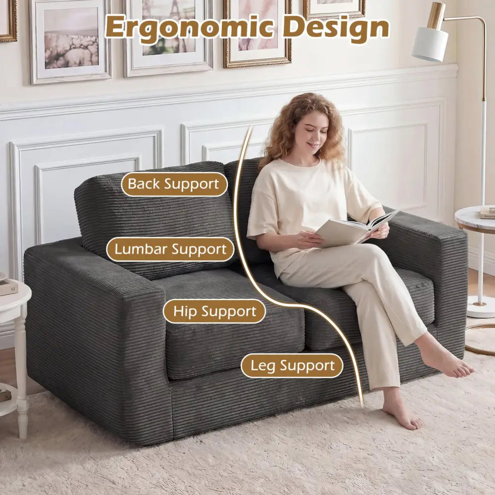 2-Seater Floor Couch Loveseat Foam Sofa with Removable Corduroy Cover-Black - Black - Sofas & Loveseats