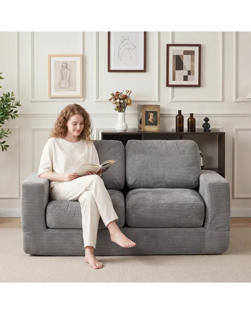 2-Seater Floor Couch Loveseat Foam Sofa with Removable Corduroy Cover-Gray - Gray - Sofas & Loveseats
