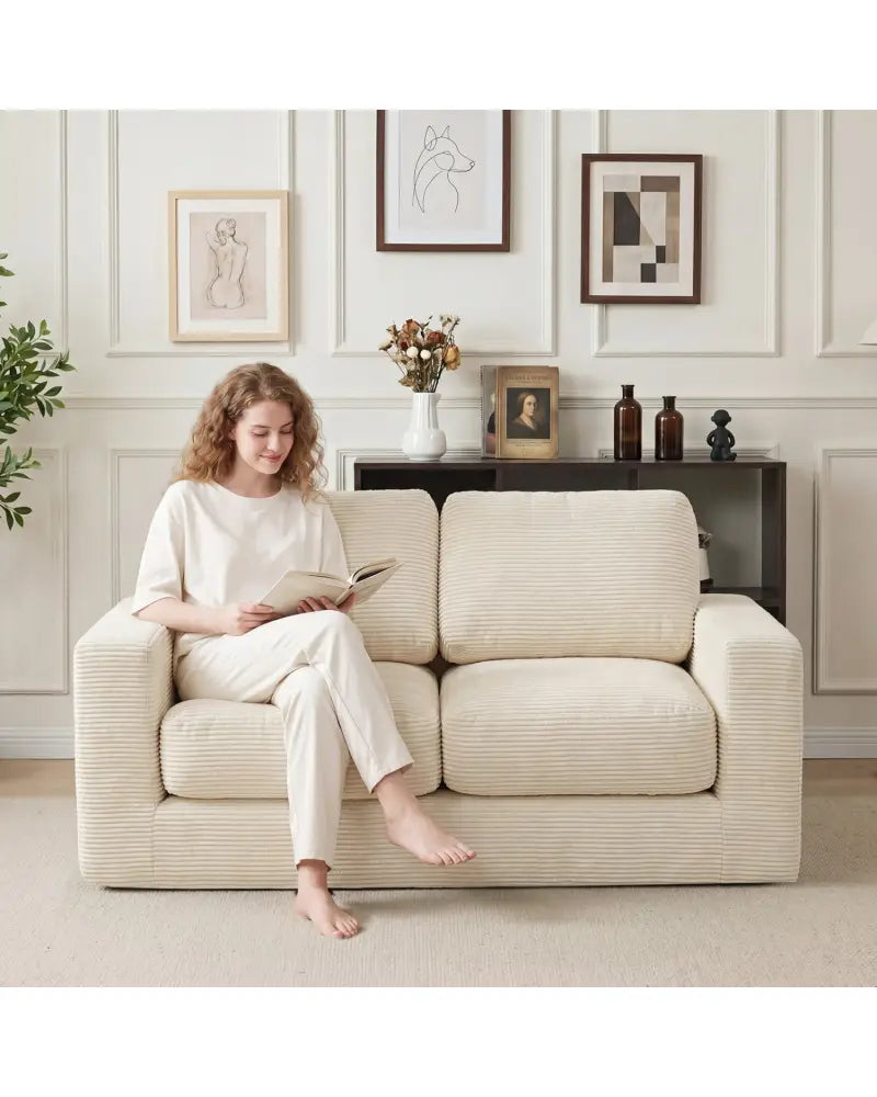 2-Seater Floor Couch Loveseat Foam Sofa with Removable Corduroy Cover-Beige - Beige - Sofas & Loveseats