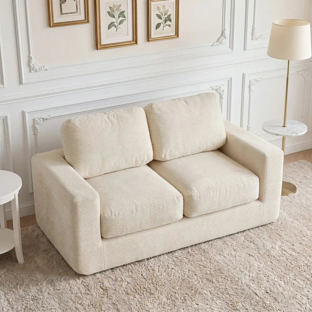 2-Seater Floor Couch Loveseat Foam Sofa with Removable Corduroy Cover-Beige - Beige - Sofas & Loveseats