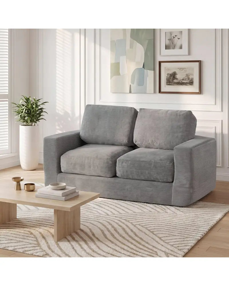 2-Seater Floor Couch Loveseat Foam Sofa with Removable Corduroy Cover-Gray - Gray - Sofas & Loveseats