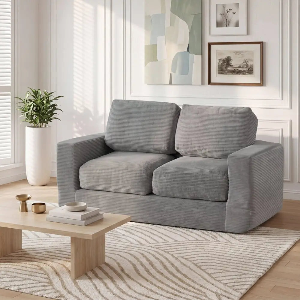 2-Seater Floor Couch Loveseat Foam Sofa with Removable Corduroy Cover-Gray - Gray - Sofas & Loveseats