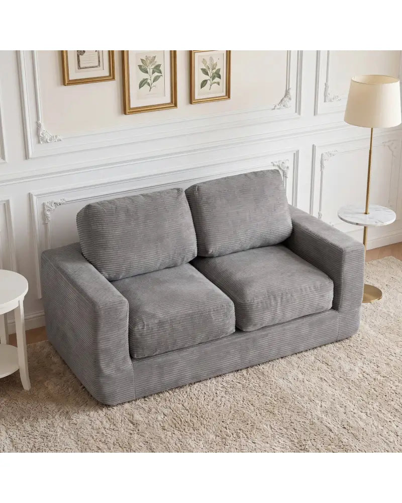 2-Seater Floor Couch Loveseat Foam Sofa with Removable Corduroy Cover-Gray - Gray - Sofas & Loveseats
