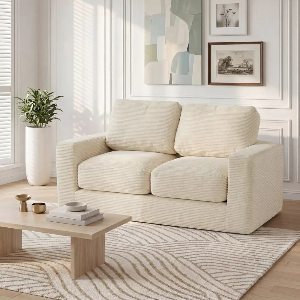 2-Seater Floor Couch Loveseat Foam Sofa with Removable Corduroy Cover-Beige - Beige - Sofas & Loveseats