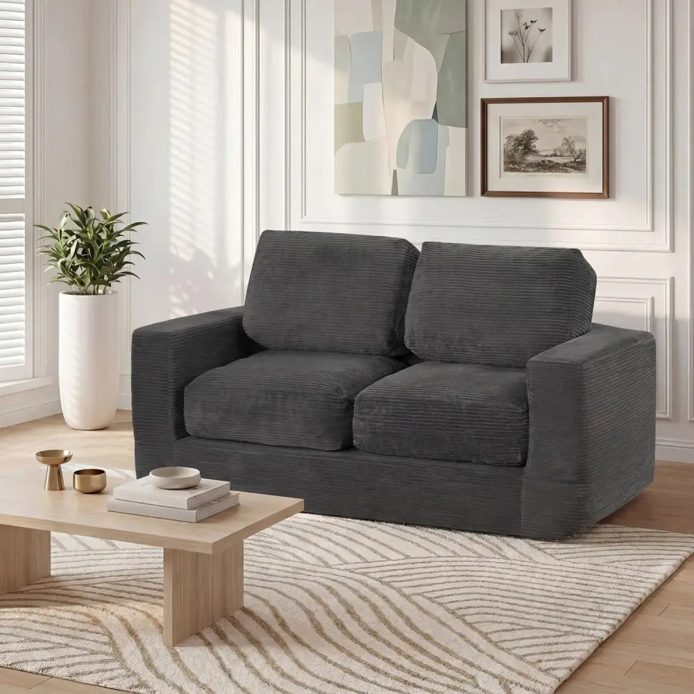 2-Seater Floor Couch Loveseat Foam Sofa with Removable Corduroy Cover-Black - Black - Sofas & Loveseats