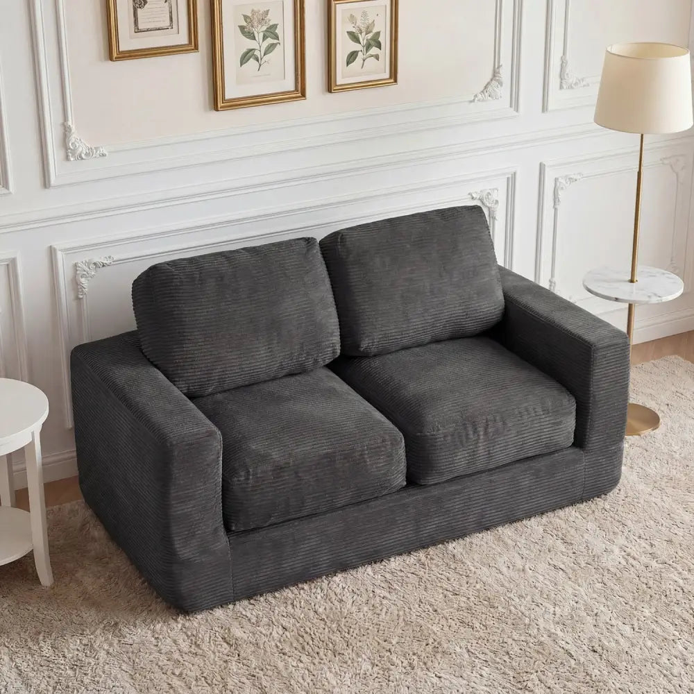 2-Seater Floor Couch Loveseat Foam Sofa with Removable Corduroy Cover-Black - Black - Sofas & Loveseats