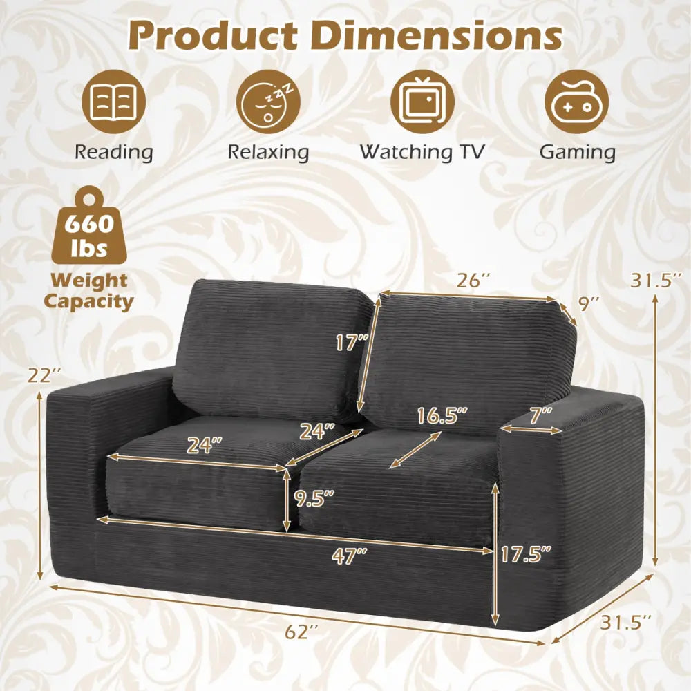 2-Seater Floor Couch Loveseat Foam Sofa with Removable Corduroy Cover-Black - Black - Sofas & Loveseats