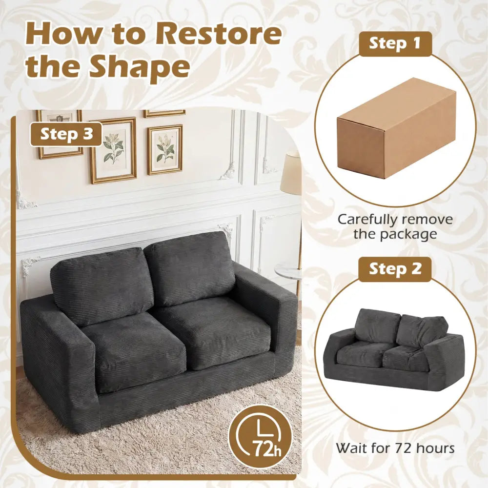 2-Seater Floor Couch Loveseat Foam Sofa with Removable Corduroy Cover-Black - Black - Sofas & Loveseats