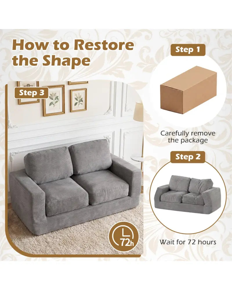 2-Seater Floor Couch Loveseat Foam Sofa with Removable Corduroy Cover-Gray - Gray - Sofas & Loveseats