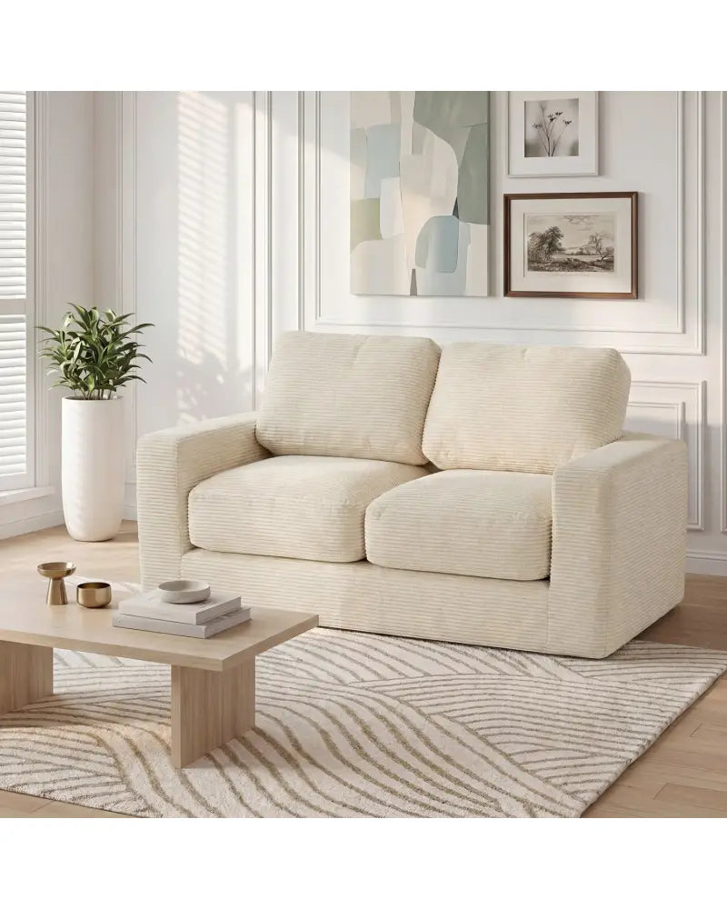2-Seater Floor Couch Loveseat Foam Sofa with Removable Corduroy Cover-Beige - Beige - Sofas & Loveseats