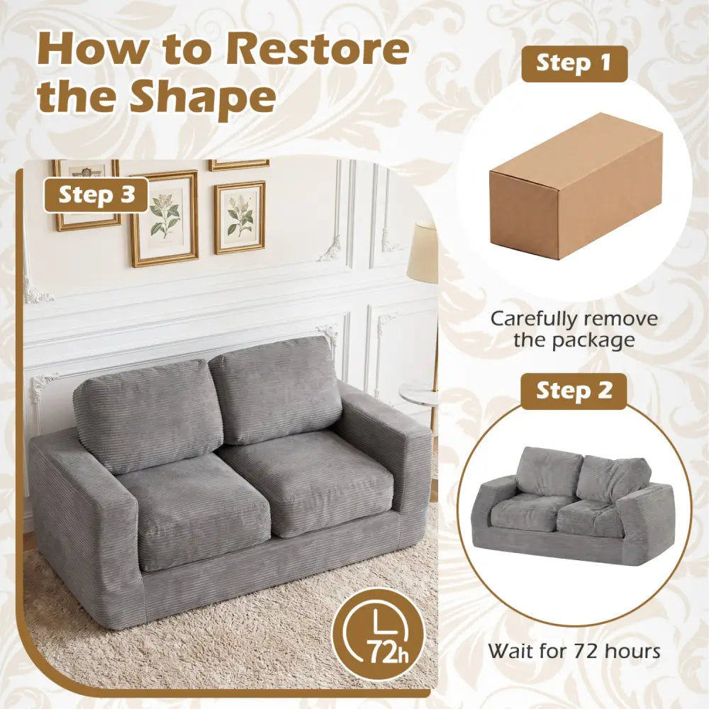2-Seater Floor Couch Loveseat Foam Sofa with Removable Corduroy Cover-Gray - Gray - Sofas & Loveseats