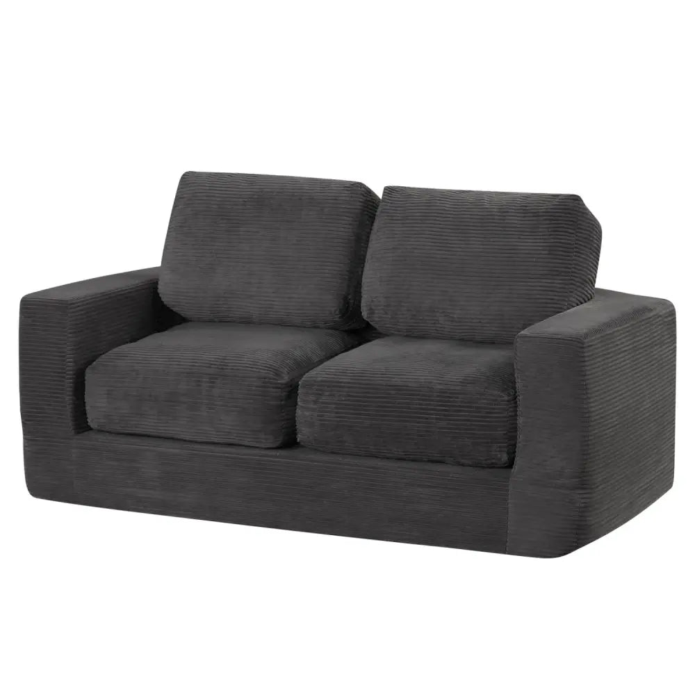 2-Seater Floor Couch Loveseat Foam Sofa with Removable Corduroy Cover-Black - Black - Sofas & Loveseats