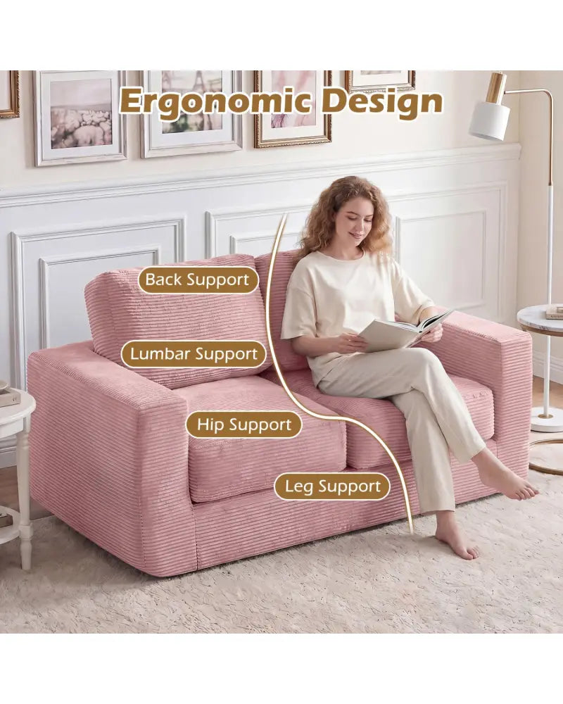 2-Seater Floor Couch Loveseat Foam Sofa with Removable Corduroy Cover-Pink - Pink - Sofas & Loveseats