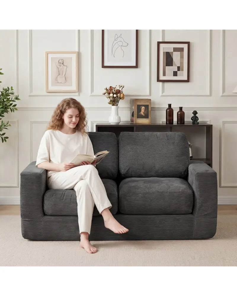 2-Seater Floor Couch Loveseat Foam Sofa with Removable Corduroy Cover-Black - Black - Sofas & Loveseats