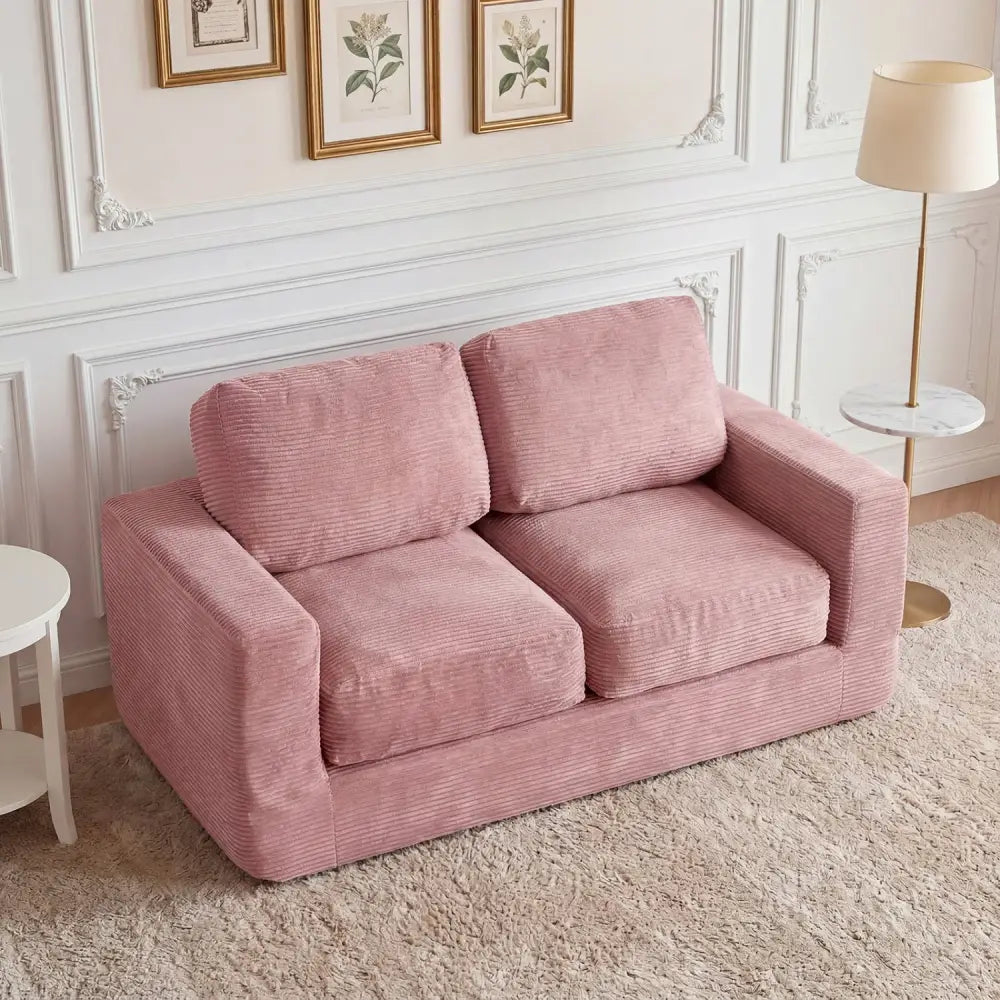2-Seater Floor Couch Loveseat Foam Sofa with Removable Corduroy Cover-Pink - Pink - Sofas & Loveseats