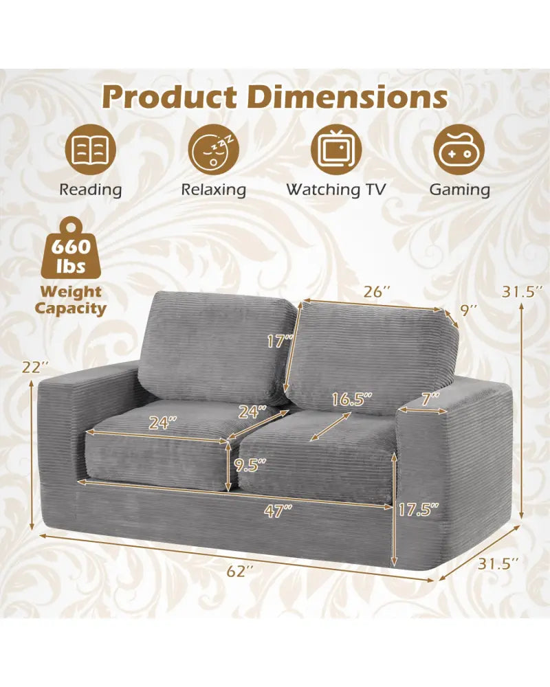 2-Seater Floor Couch Loveseat Foam Sofa with Removable Corduroy Cover-Gray - Gray - Sofas & Loveseats