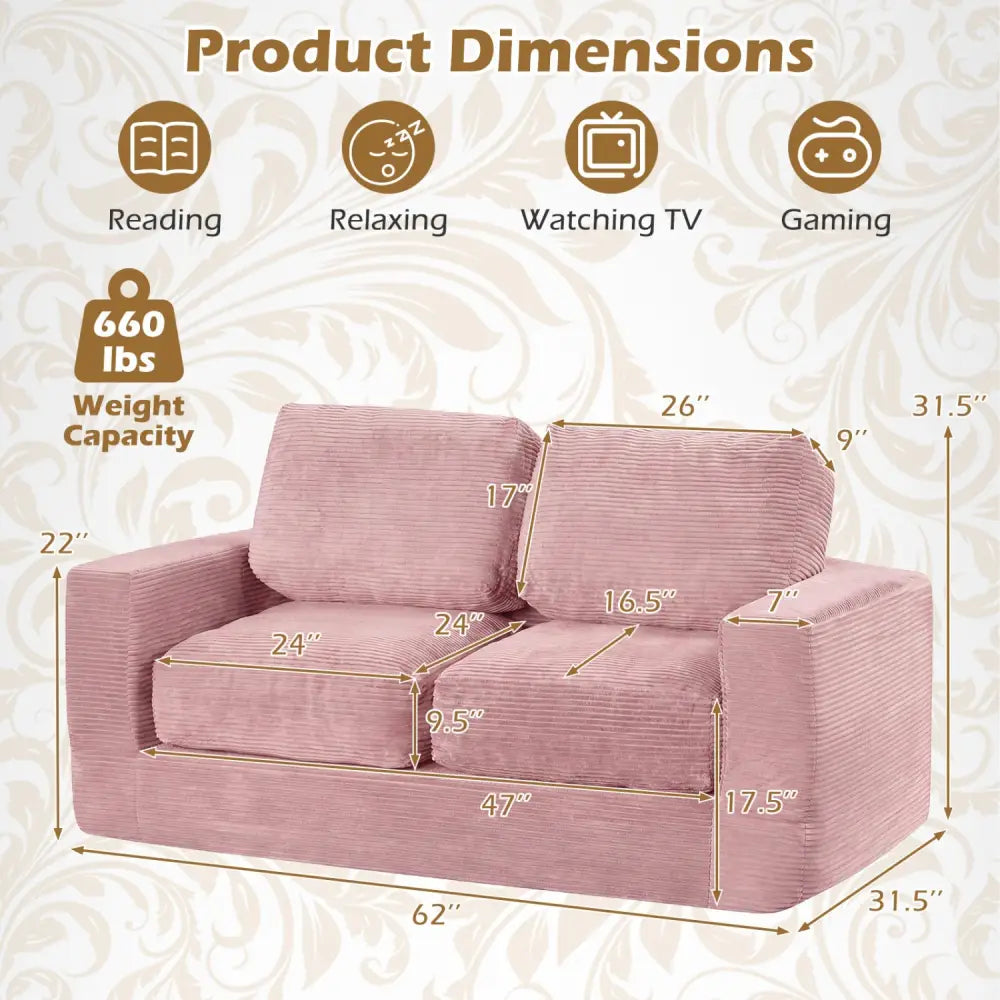 2-Seater Floor Couch Loveseat Foam Sofa with Removable Corduroy Cover-Pink - Pink - Sofas & Loveseats