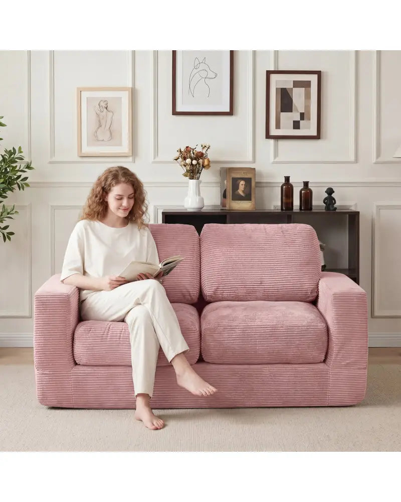 2-Seater Floor Couch Loveseat Foam Sofa with Removable Corduroy Cover-Pink - Pink - Sofas & Loveseats