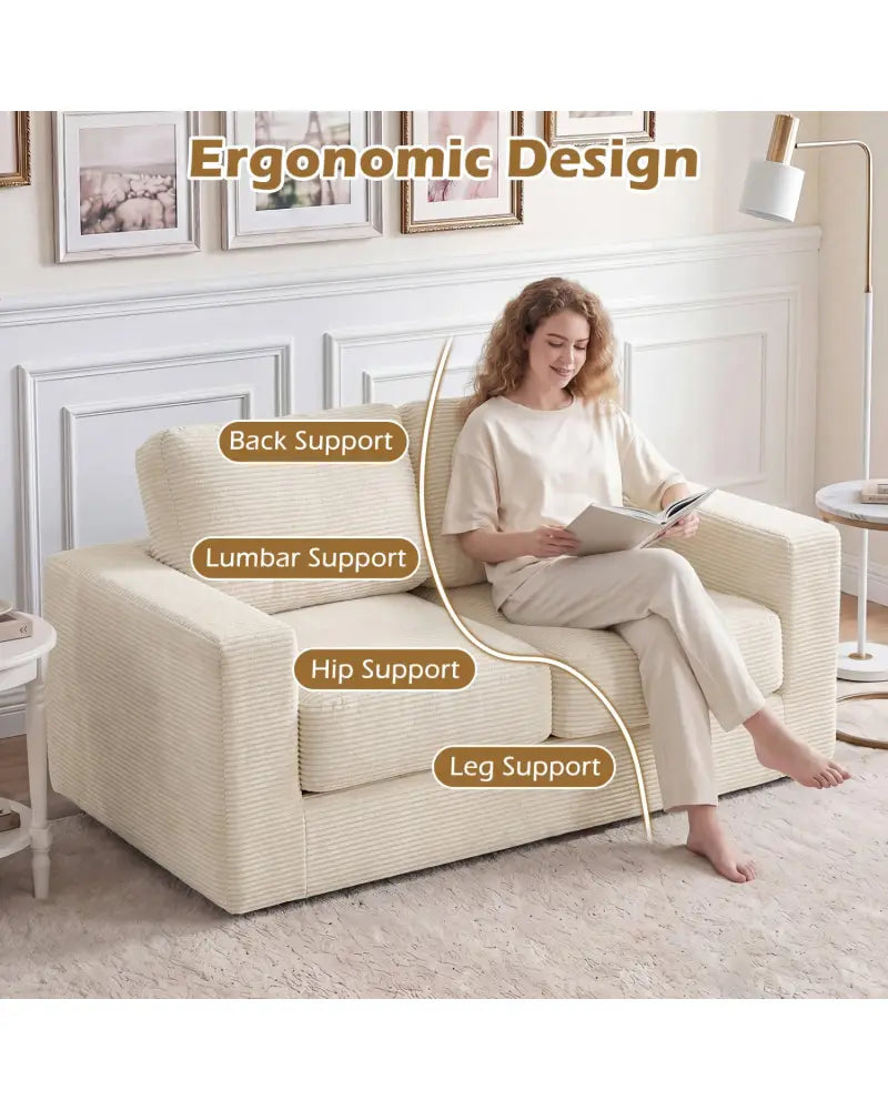 2-Seater Floor Couch Loveseat Foam Sofa with Removable Corduroy Cover-Beige - Beige - Sofas & Loveseats