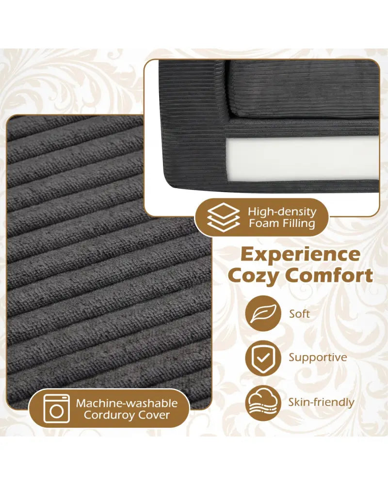 2-Seater Floor Couch Loveseat Foam Sofa with Removable Corduroy Cover-Black - Black - Sofas & Loveseats