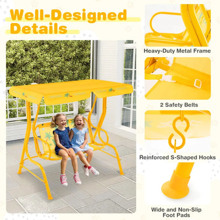 2-Seater Kids Patio Swing with Metal Stand and Adjustable Canopy-Yellow - Yellow - Swing & Playsets