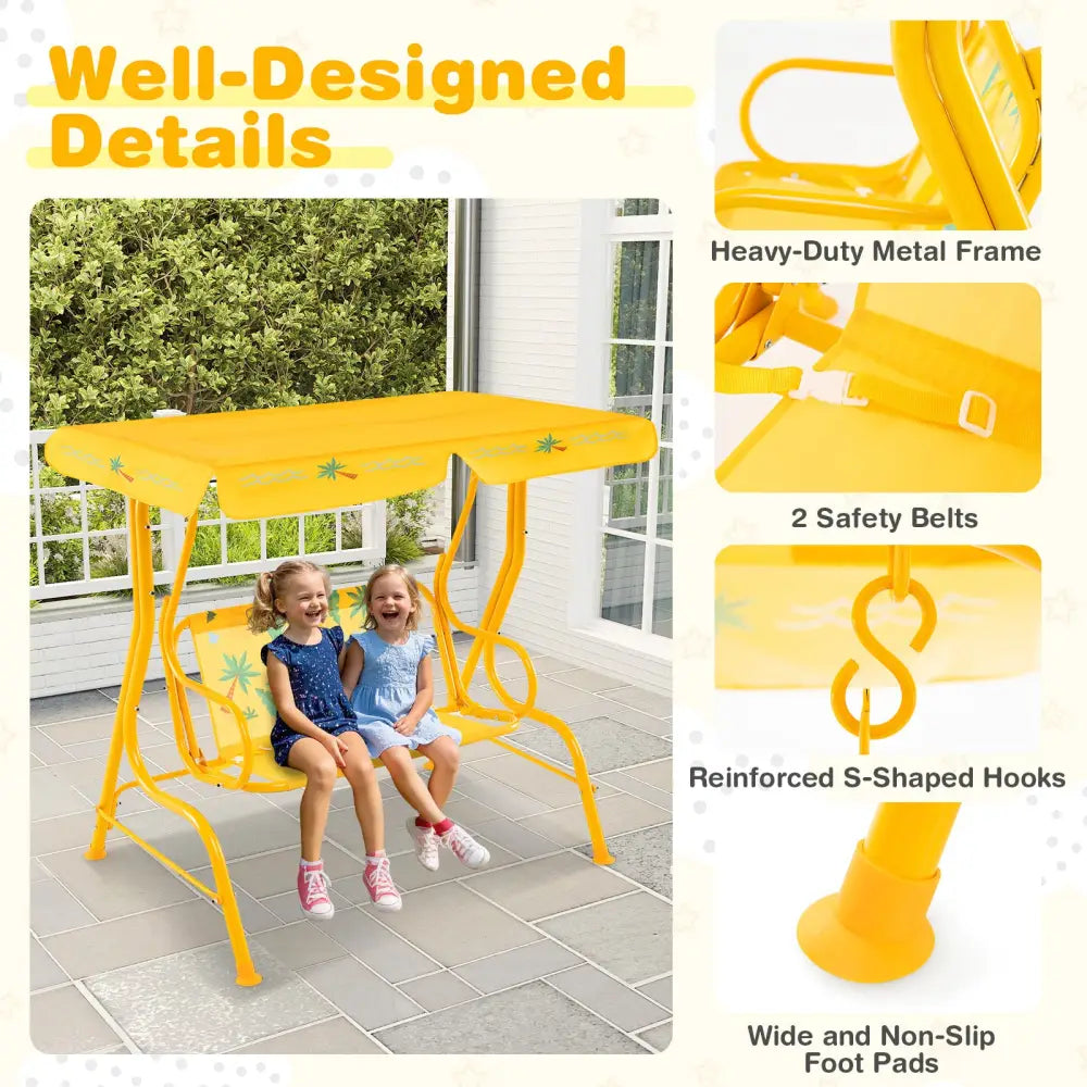 2-Seater Kids Patio Swing with Metal Stand and Adjustable Canopy-Yellow - Yellow - Swing & Playsets