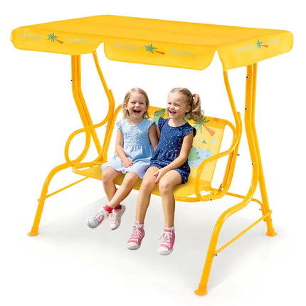 2-Seater Kids Patio Swing with Metal Stand and Adjustable Canopy-Yellow - Yellow - Swing & Playsets