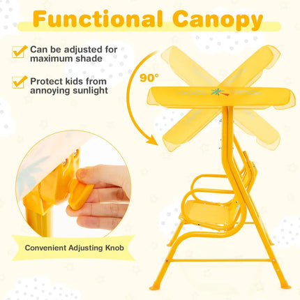 2-Seater Kids Patio Swing with Metal Stand and Adjustable Canopy-Yellow - Yellow - Swing & Playsets