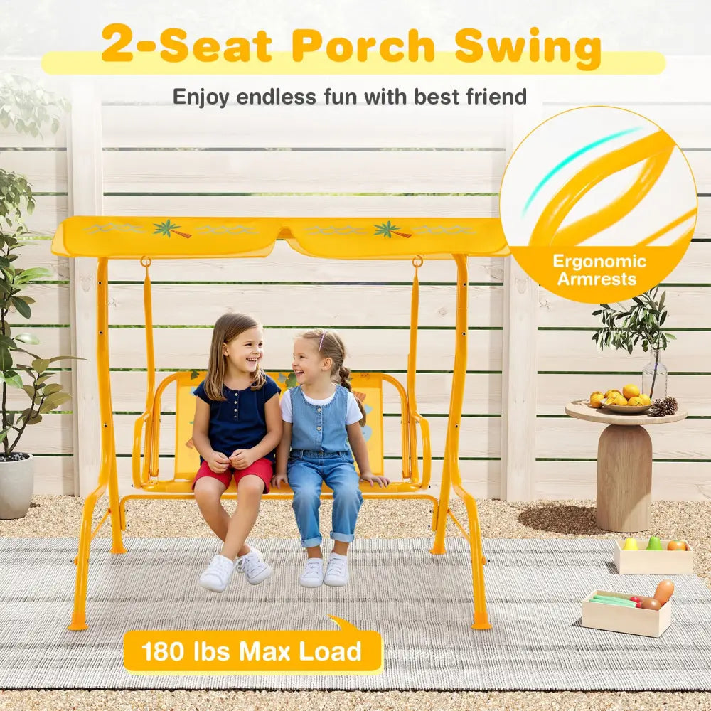 2-Seater Kids Patio Swing with Metal Stand and Adjustable Canopy-Yellow - Yellow - Swing & Playsets