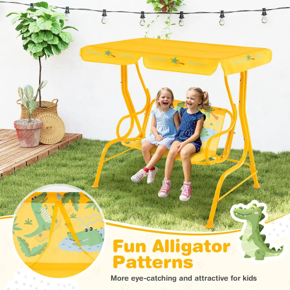 2-Seater Kids Patio Swing with Metal Stand and Adjustable Canopy-Yellow - Yellow - Swing & Playsets