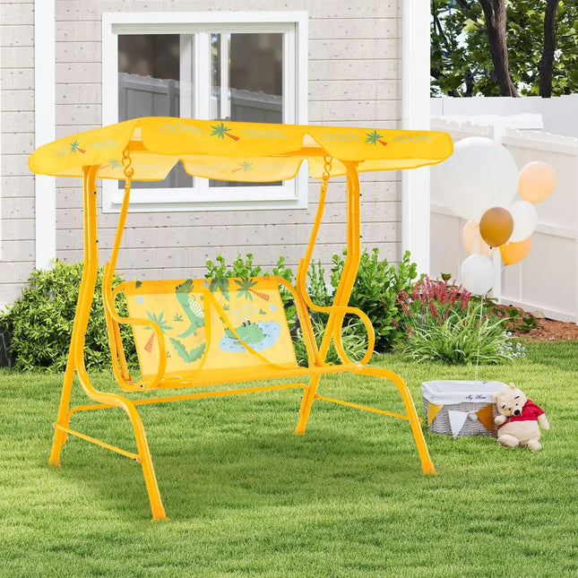 2-Seater Kids Patio Swing with Metal Stand and Adjustable Canopy-Yellow - Yellow - Swing & Playsets