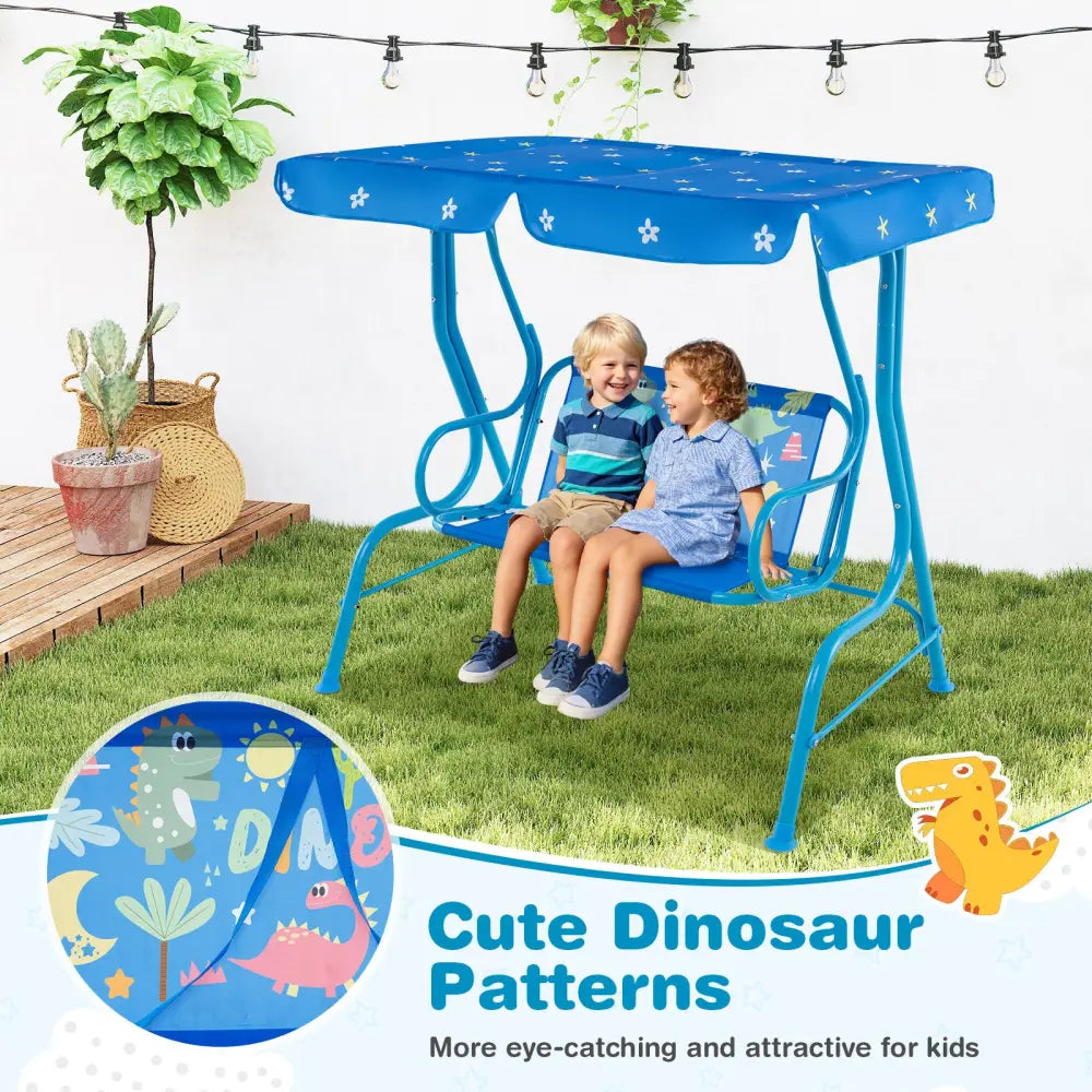 2-Seater Kids Patio Swing with Metal Stand and Adjustable Canopy-Bule - Blue - Swing & Playsets