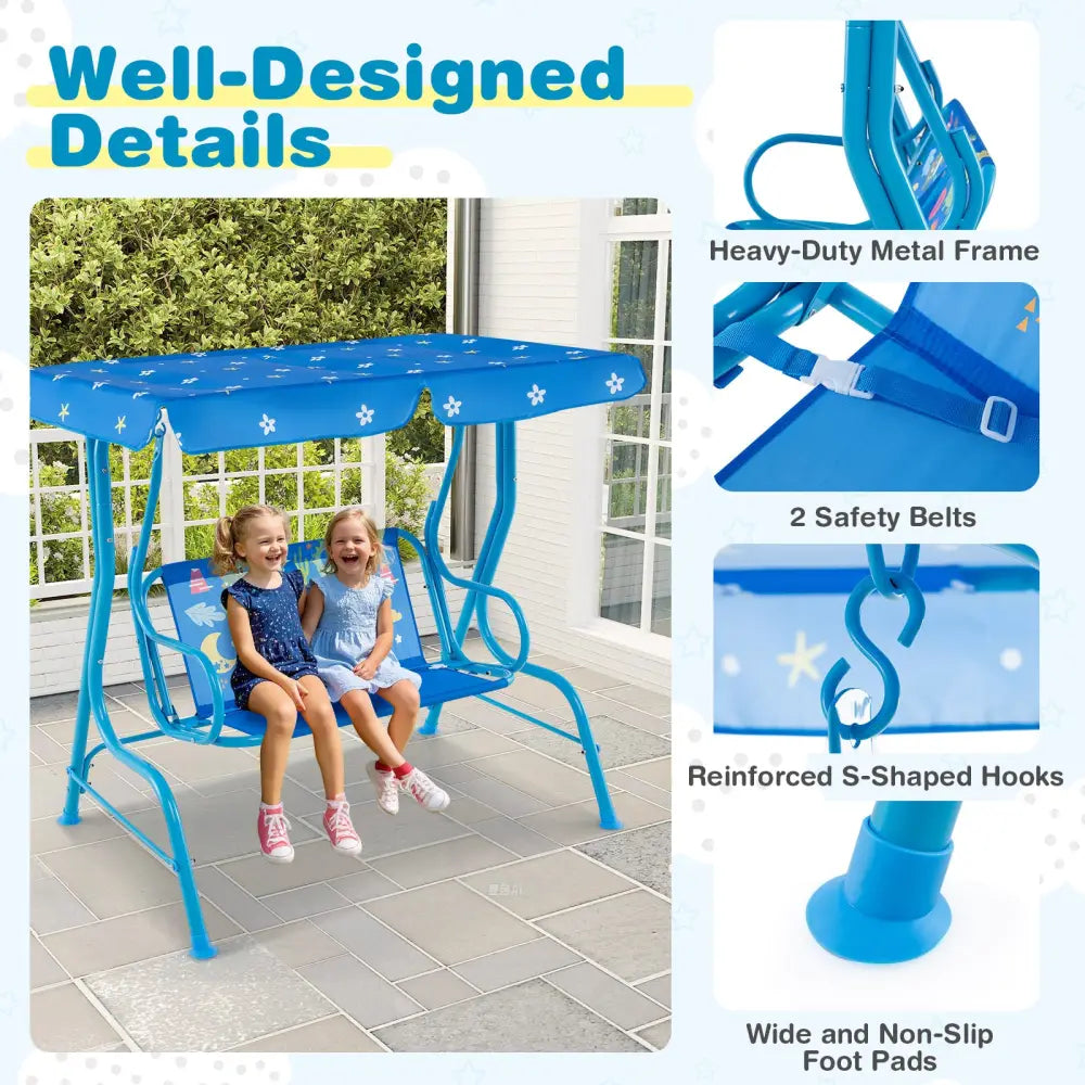 2-Seater Kids Patio Swing with Metal Stand and Adjustable Canopy-Bule - Blue - Swing & Playsets
