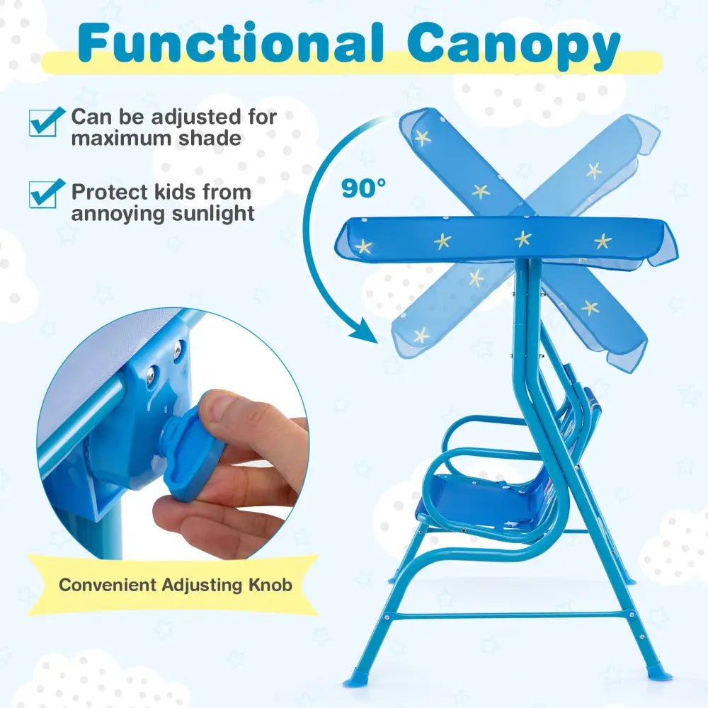 2-Seater Kids Patio Swing with Metal Stand and Adjustable Canopy-Bule - Blue - Swing & Playsets