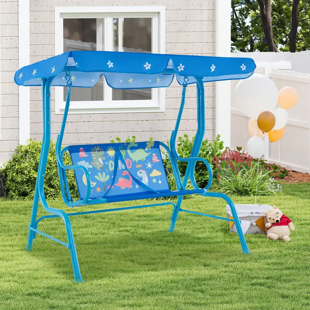 2-Seater Kids Patio Swing with Metal Stand and Adjustable Canopy-Bule - Blue - Swing & Playsets