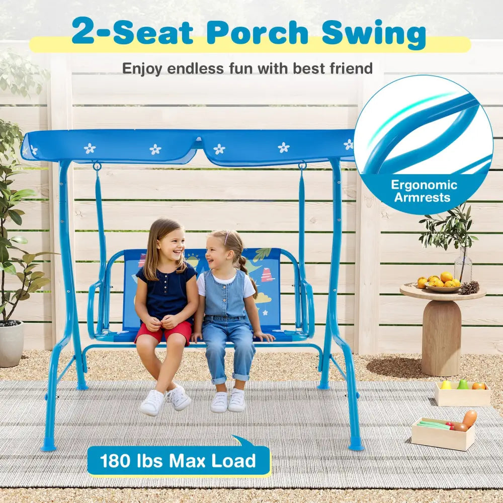 2-Seater Kids Patio Swing with Metal Stand and Adjustable Canopy-Bule - Blue - Swing & Playsets