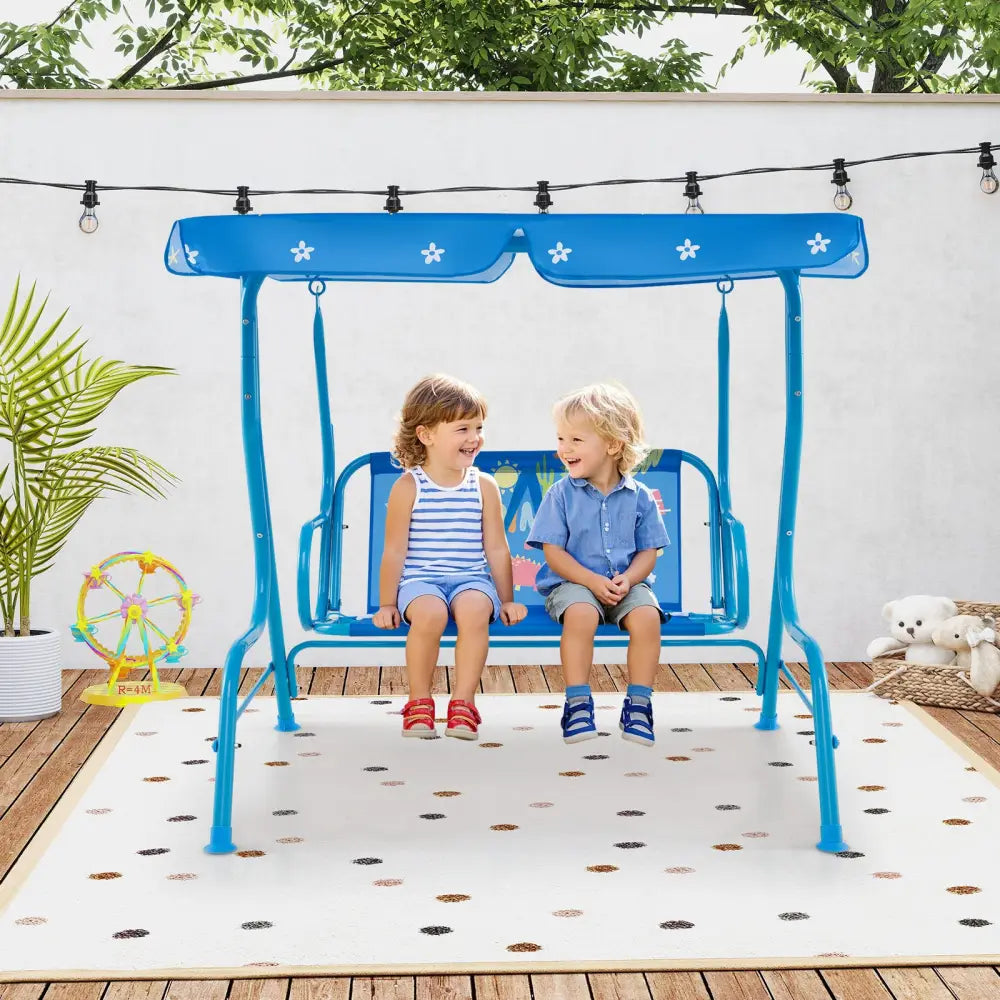 2-Seater Kids Patio Swing with Metal Stand and Adjustable Canopy-Bule - Blue - Swing & Playsets