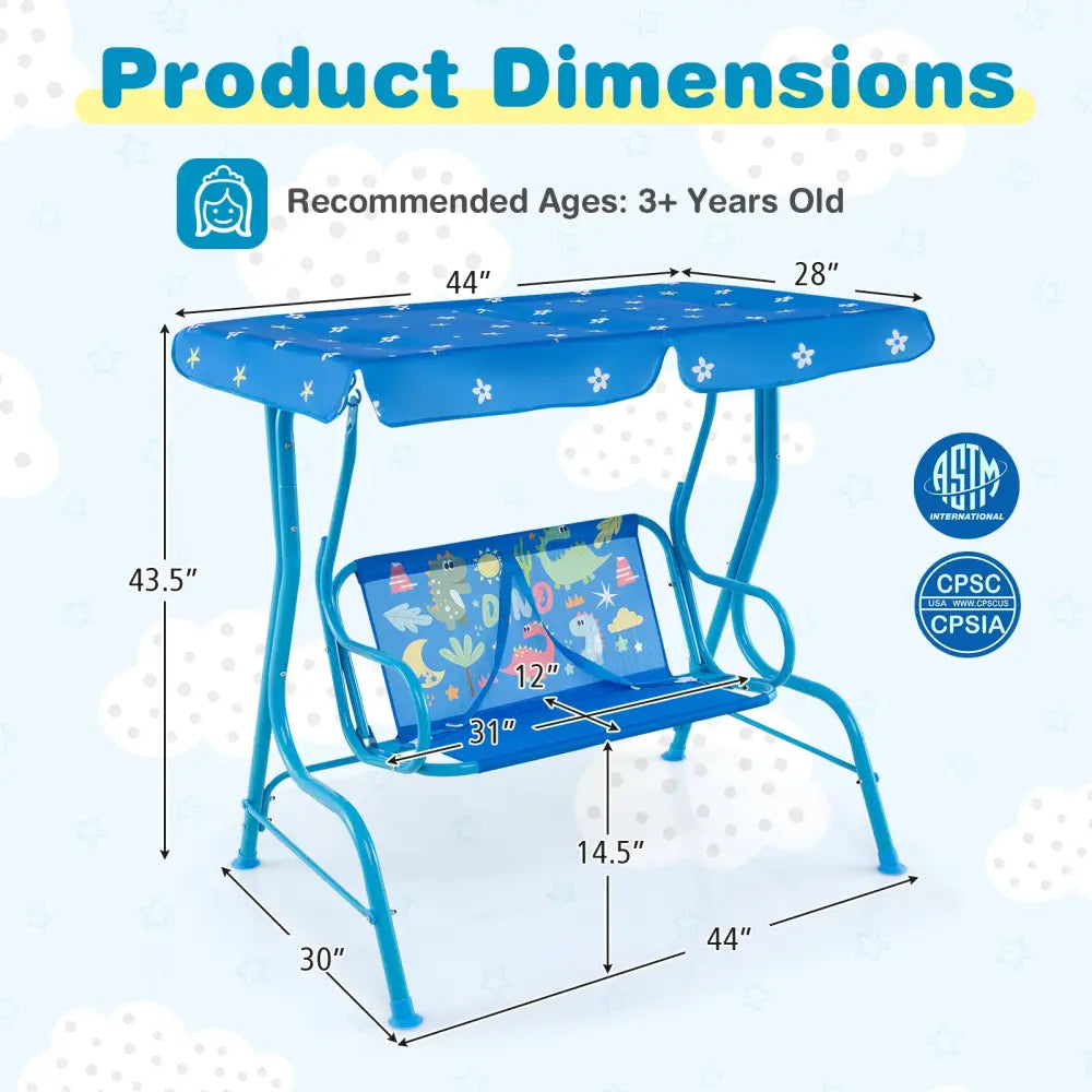 2-Seater Kids Patio Swing with Metal Stand and Adjustable Canopy-Bule - Blue - Swing & Playsets