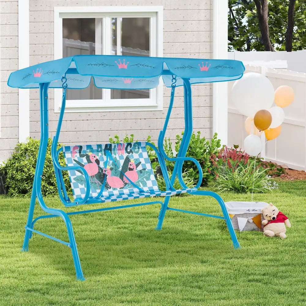 2-Seater Kids Patio Swing with Metal Stand and Adjustable Canopy-Navy - Navy - Swing & Playsets