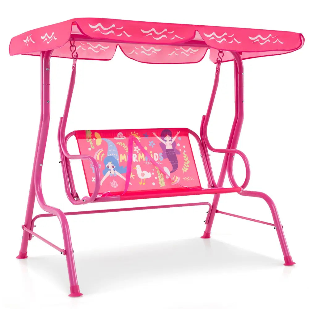 2-Seater Kids Patio Swing with Metal Stand and Adjustable Canopy-Pink - Pink - Swing & Playsets