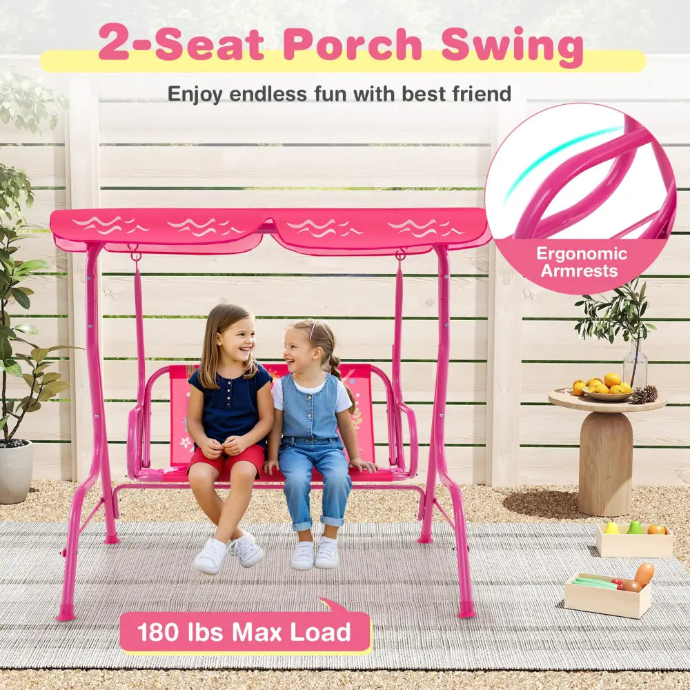 2-Seater Kids Patio Swing with Metal Stand and Adjustable Canopy-Pink - Pink - Swing & Playsets