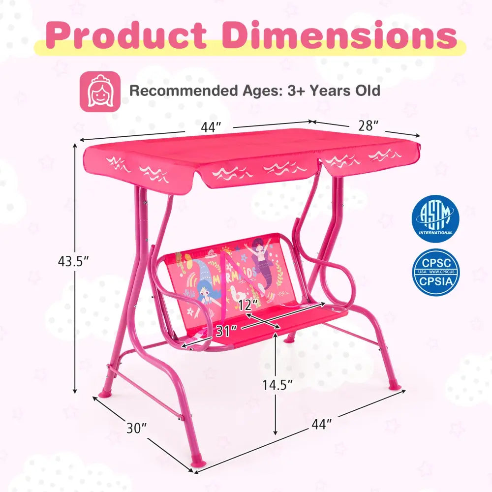 2-Seater Kids Patio Swing with Metal Stand and Adjustable Canopy-Pink - Pink - Swing & Playsets
