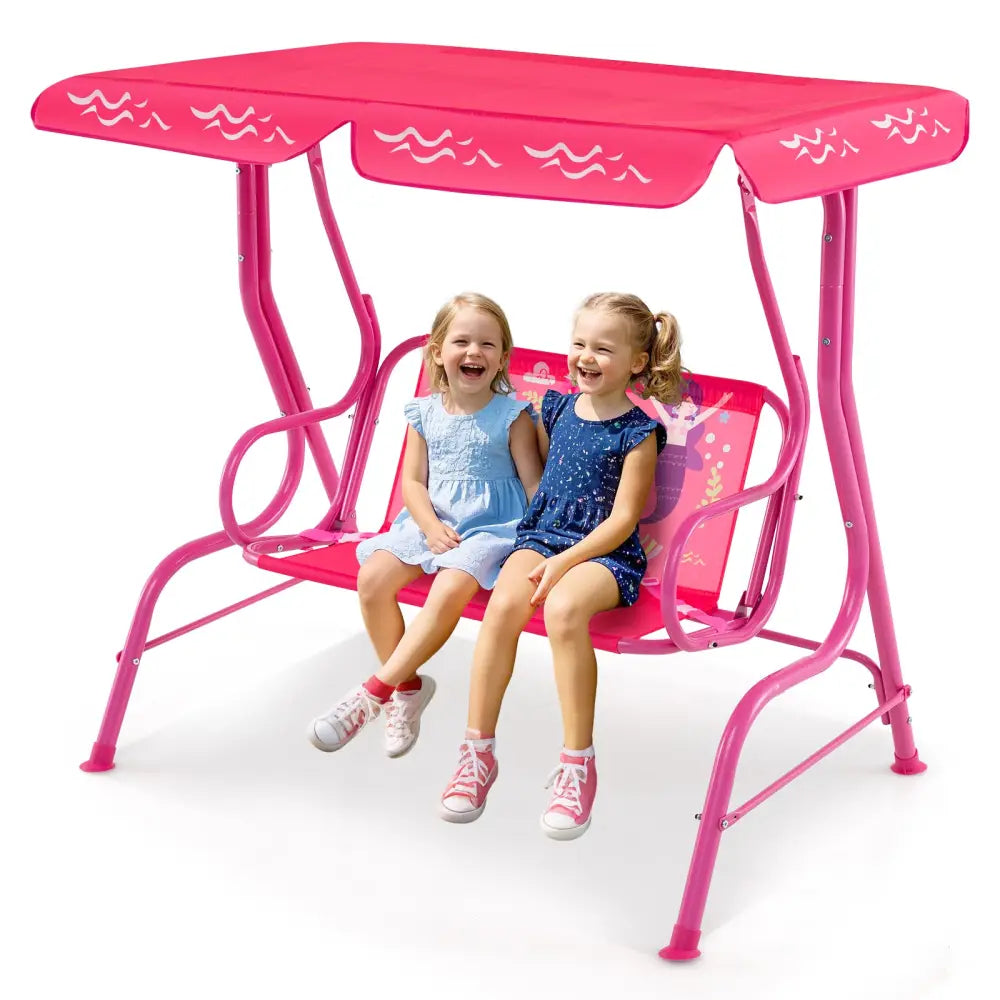 2-Seater Kids Patio Swing with Metal Stand and Adjustable Canopy-Pink - Pink - Swing & Playsets