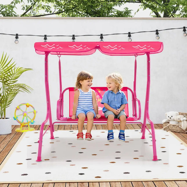 2-Seater Kids Patio Swing with Metal Stand and Adjustable Canopy-Pink - Pink - Swing & Playsets