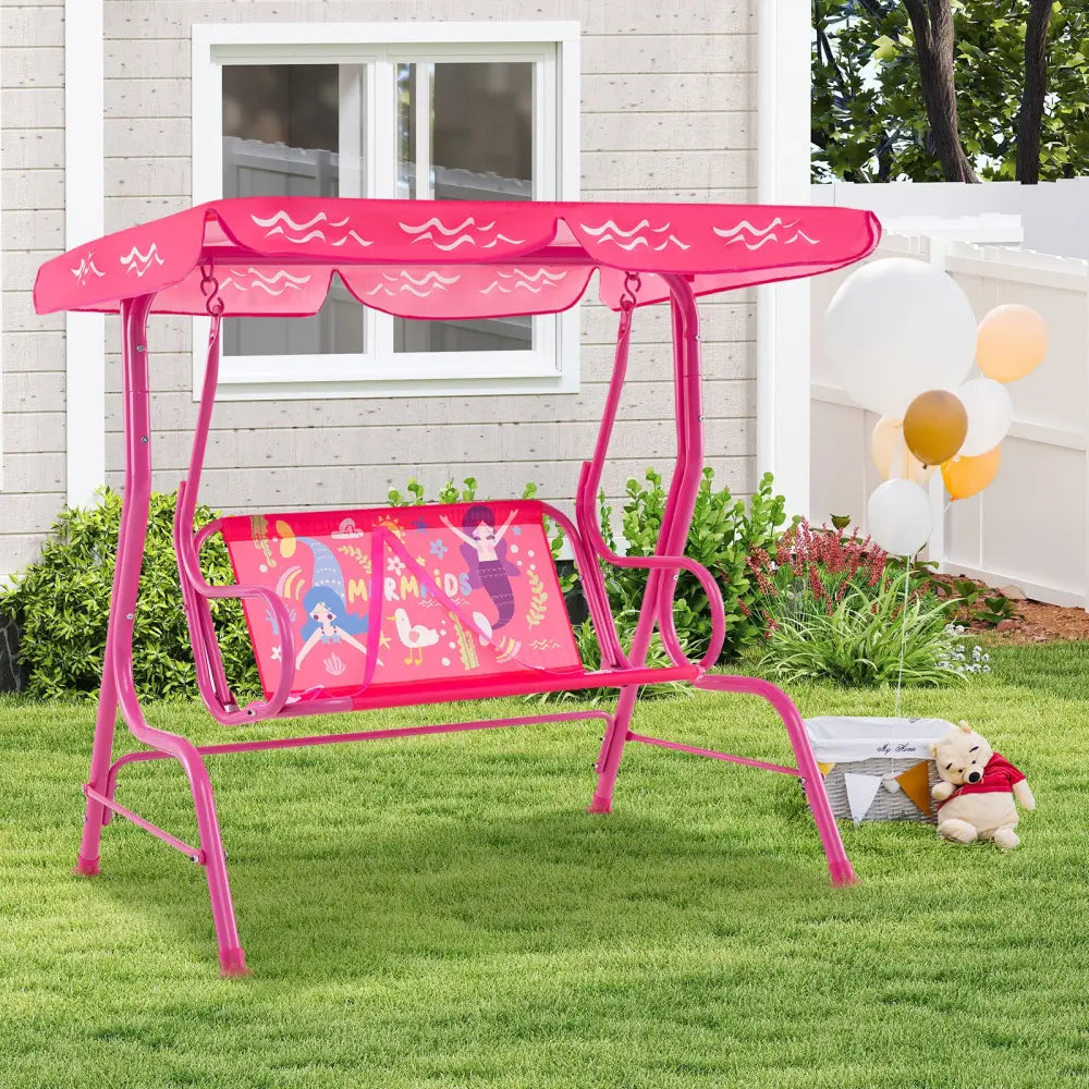 2-Seater Kids Patio Swing with Metal Stand and Adjustable Canopy-Pink - Pink - Swing & Playsets