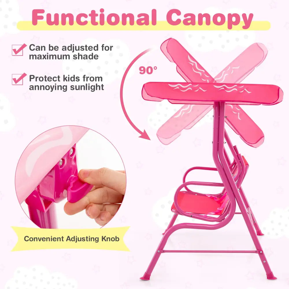 2-Seater Kids Patio Swing with Metal Stand and Adjustable Canopy-Pink - Pink - Swing & Playsets