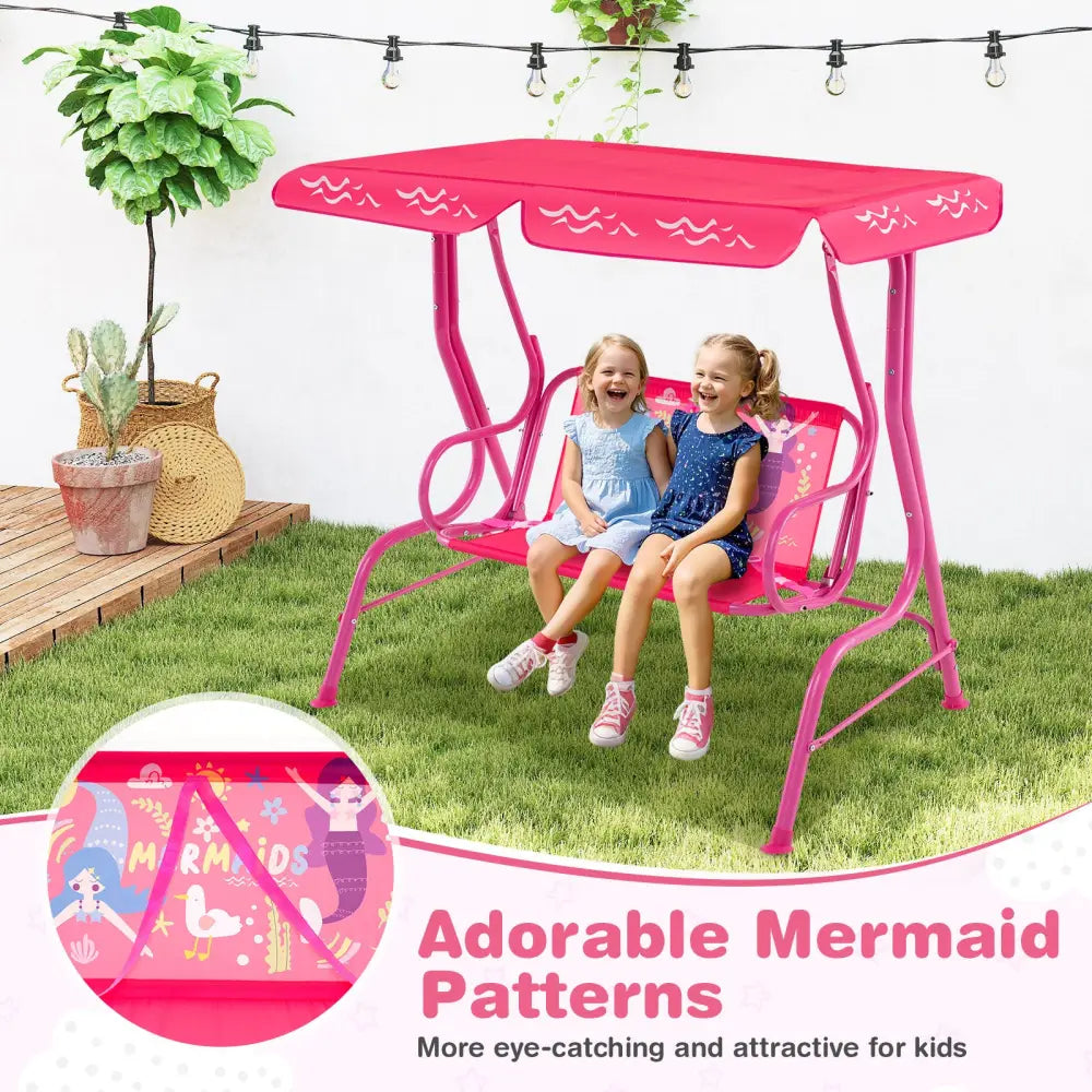2-Seater Kids Patio Swing with Metal Stand and Adjustable Canopy-Pink - Pink - Swing & Playsets