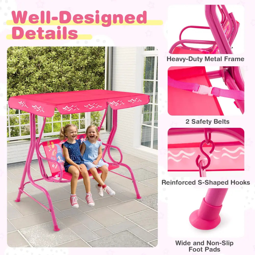 2-Seater Kids Patio Swing with Metal Stand and Adjustable Canopy-Pink - Pink - Swing & Playsets